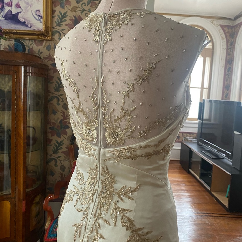 Reem Acra Ivory Satin Bridal Gown with Gold Embroidery and Long Train - Picture 9 of 17